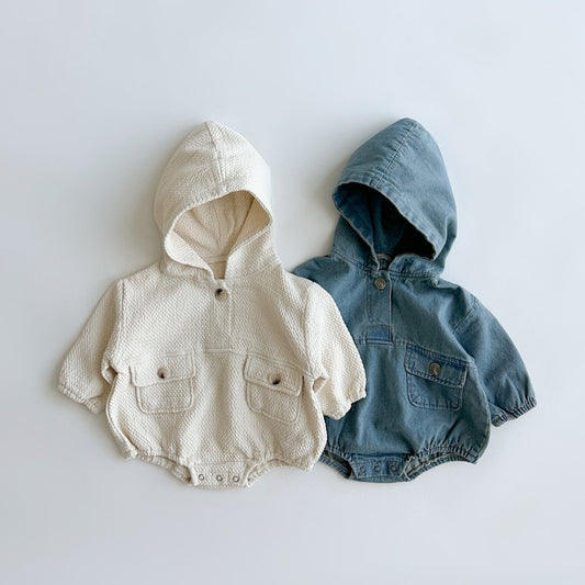 Baby Anggo Long Sleeve Double Pocket Hooded Romper (3-18m) - Cream - AT NOON STORE