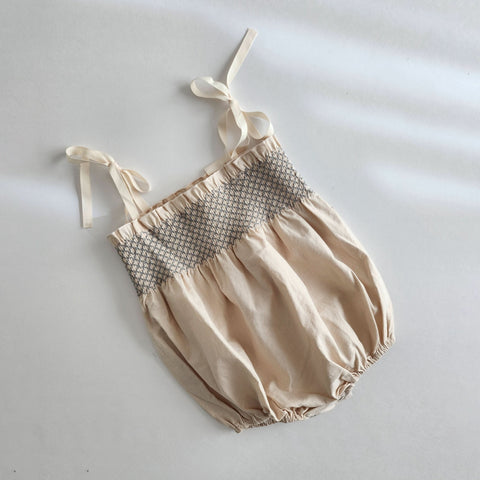 Baby Ann Tie-Shoulder Smocked Bodice Romper (3-18m) - Light Pink