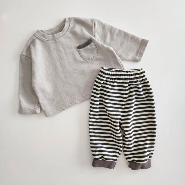 Baby BH Pocket Sweatshirt and Stripe Jogger Pants Set (3-18m) - Grey