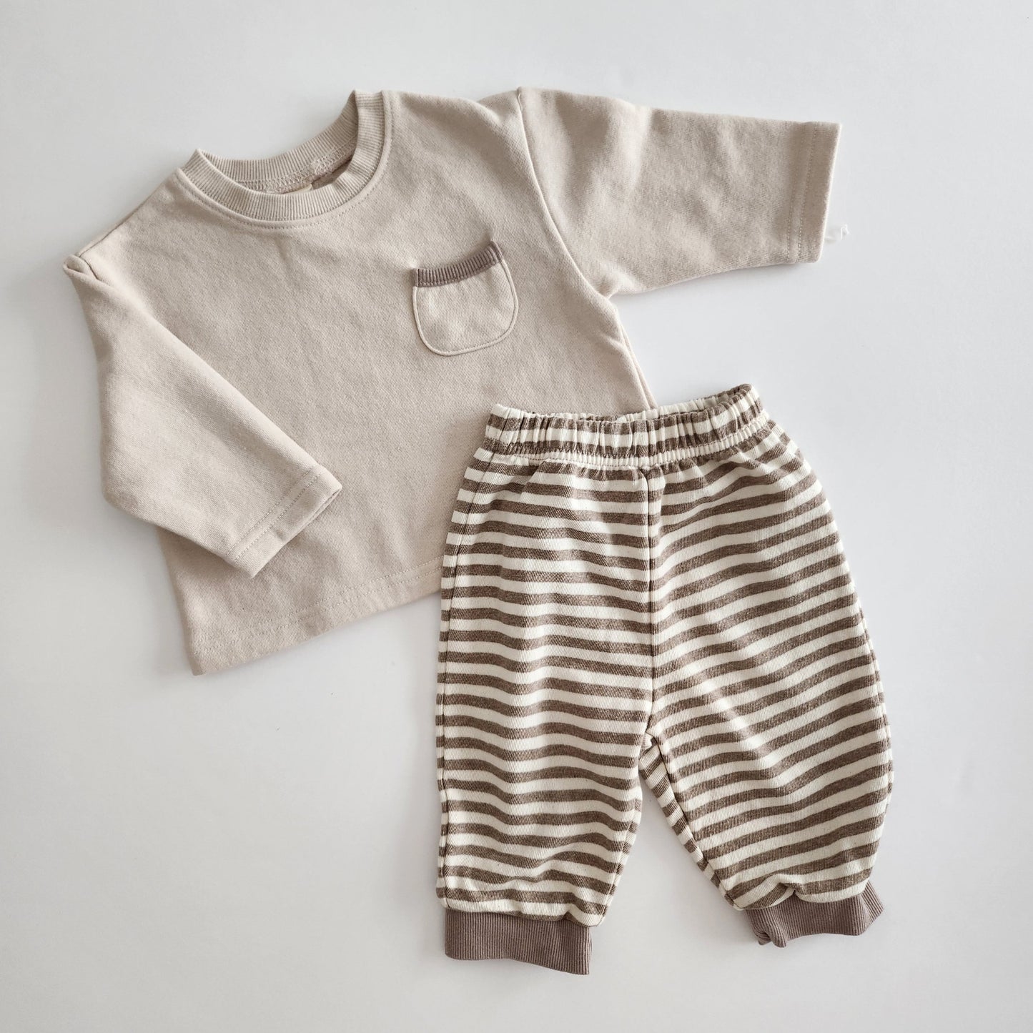 Baby BH Pocket Sweatshirt and Stripe Jogger Pants Set (3-18m) - Beige - AT NOON STORE