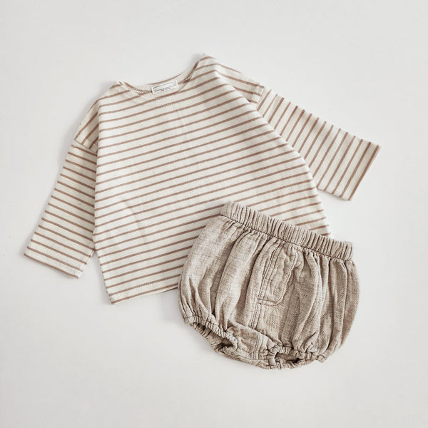 Baby Cotton Stripe Tee and Bloomer Set (6-18m) - Beige
