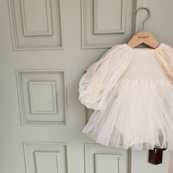 Baby Dot Embroidered Organza Puff Sleeve Tutu Dress Romper (3-18m) - Beige Cream