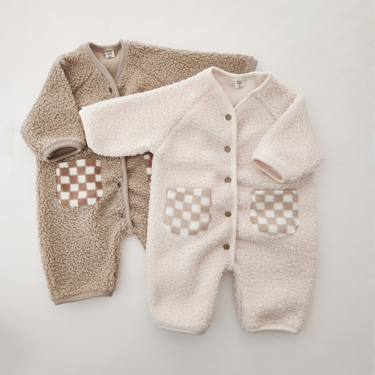 Baby Fleece-Lined Checkered Pocket Sherpa Jumpsuit  (3-18m) - 2 Colors - AT NOON STORE