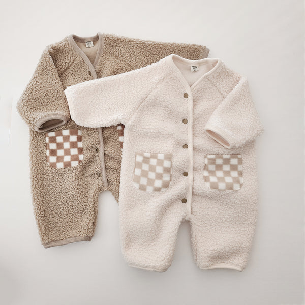 Baby Fleece-Lined Checkered Pocket Sherpa Jumpsuit  (3-18m) - 2 Colors