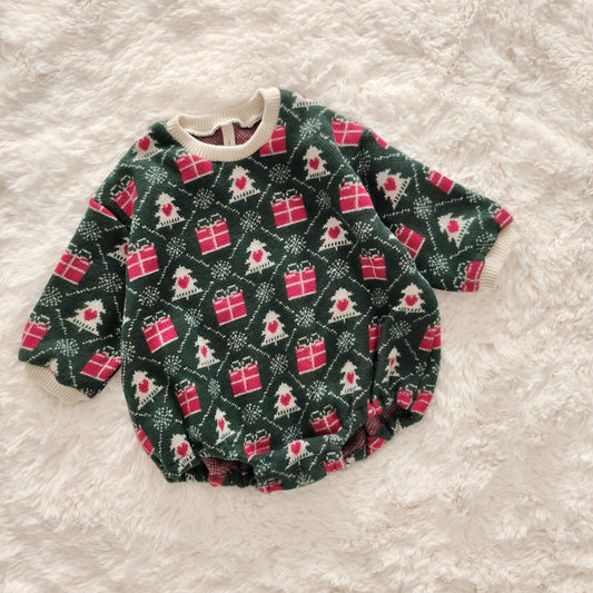 Baby Holiday Jacquard Sweater Romper (6-24m) - Green - AT NOON STORE