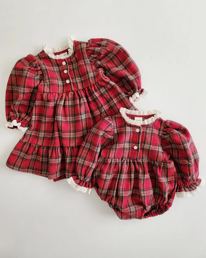 Baby Lace Detail Red Tartan Romper  (3m-18m) - AT NOON STORE