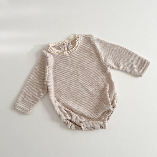 Baby Lace Trim Long Sleeve Ribbed Romper (0-24m) - Oatmeal