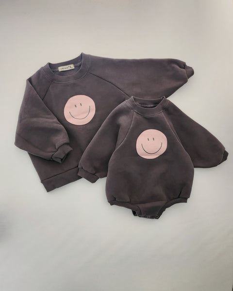 Baby Land Smiley Face Brushed Cotton Sweatshirt Romper (4-15m) - Charcoal