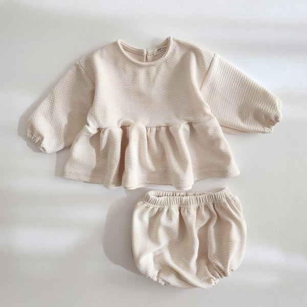 Baby Long Sleeve Ruffled Hem Top and Bloomer Shorts Set (6-18m) - Ivory