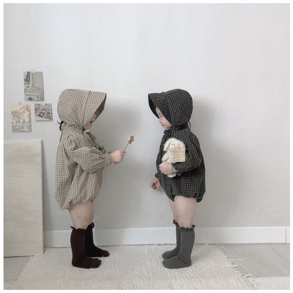 Baby Nunu Fleece-Lined Gingham Corduroy Romper and Bonnet Set (3-18m)- Grey