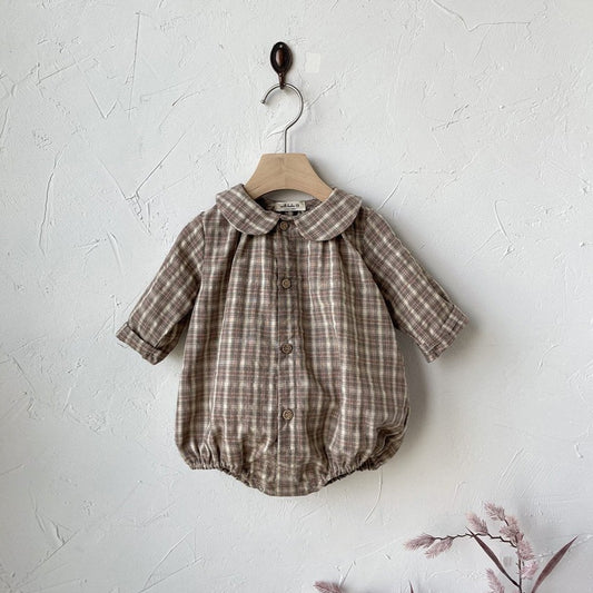 Baby Peter Pan Collar Flannel Shirt Bubble Romper (3-24m) - Beige - AT NOON STORE