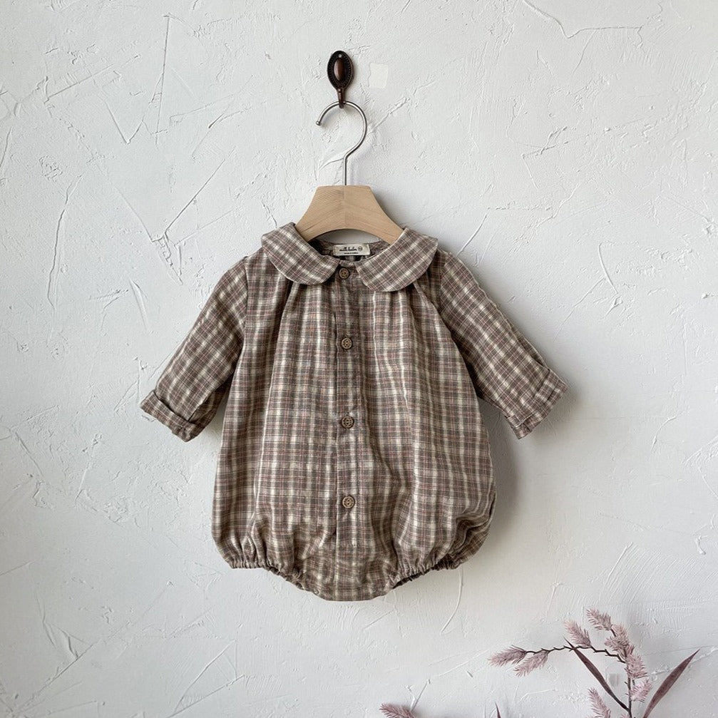 Baby Peter Pan Collar Flannel Shirt Bubble Romper (3-24m) - Beige