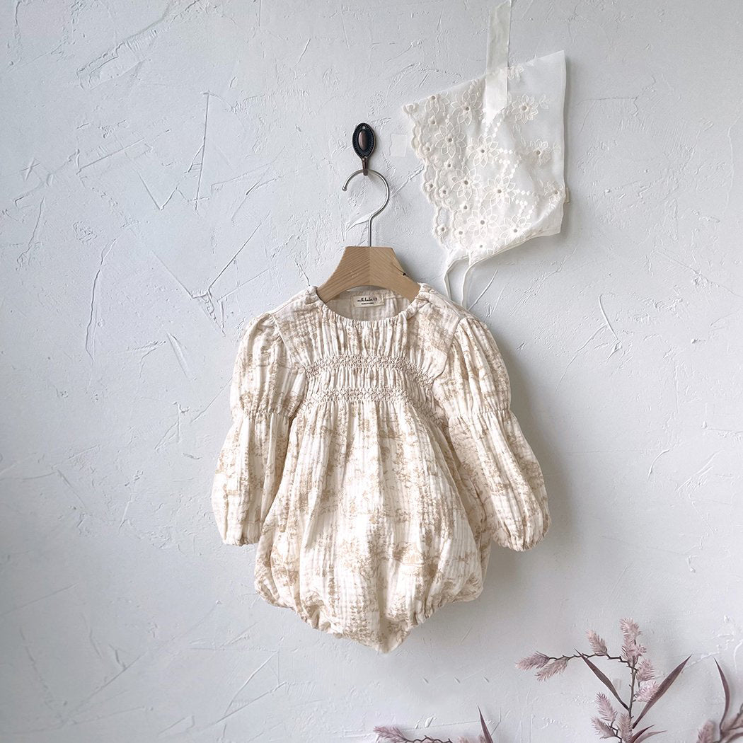 Baby Smocked Bodice Bubble Romper (3-18m) - Beige Botanic - AT NOON STORE