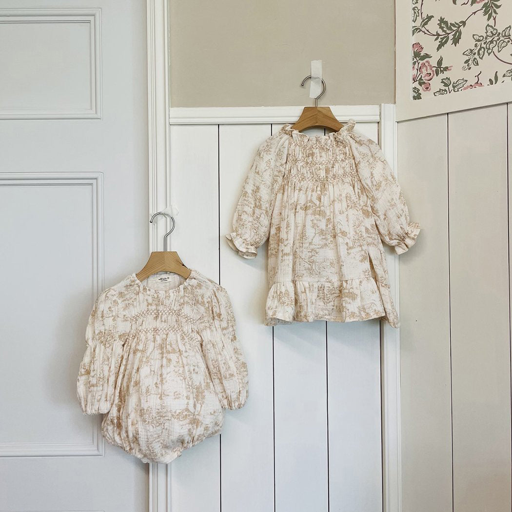 Baby Smocked Bodice Bubble Romper (3-18m) - Beige Botanic - AT NOON STORE