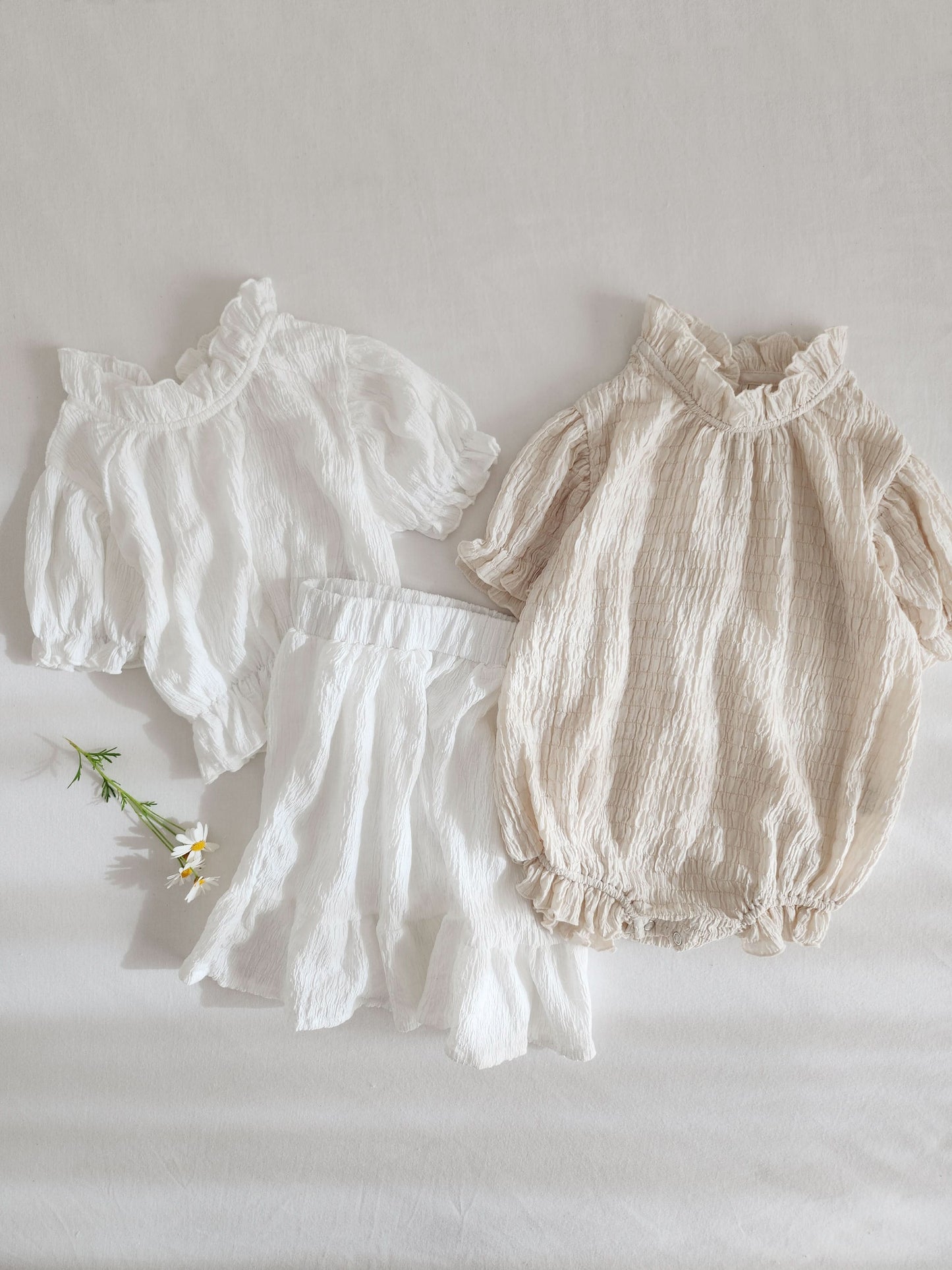 Baby Textured Short Sleeve Lettuce Edge Romper (3-6m) - Beige - AT NOON STORE