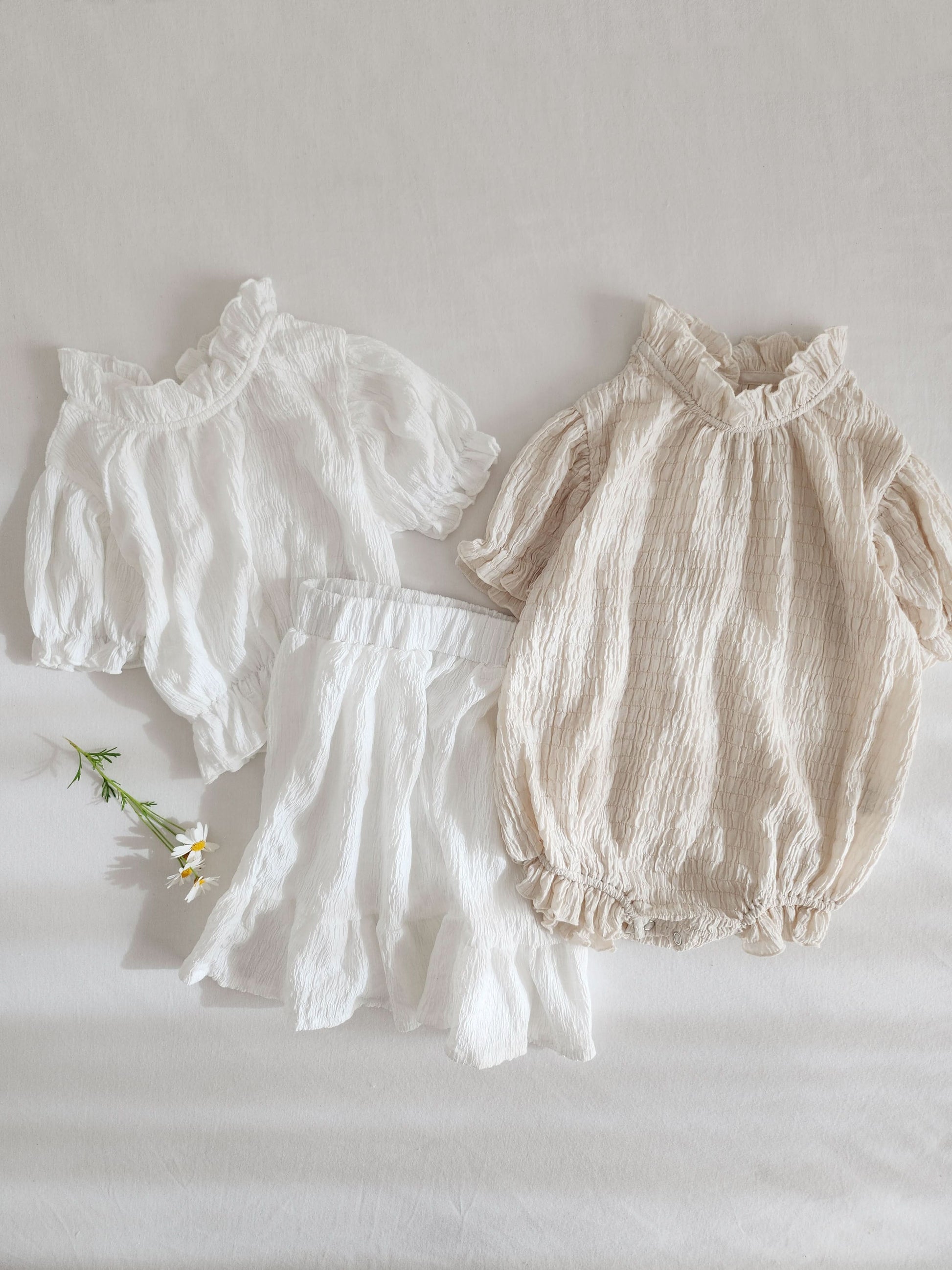 Baby Textured Short Sleeve Lettuce Edge Romper (3-6m) - Beige - AT NOON STORE
