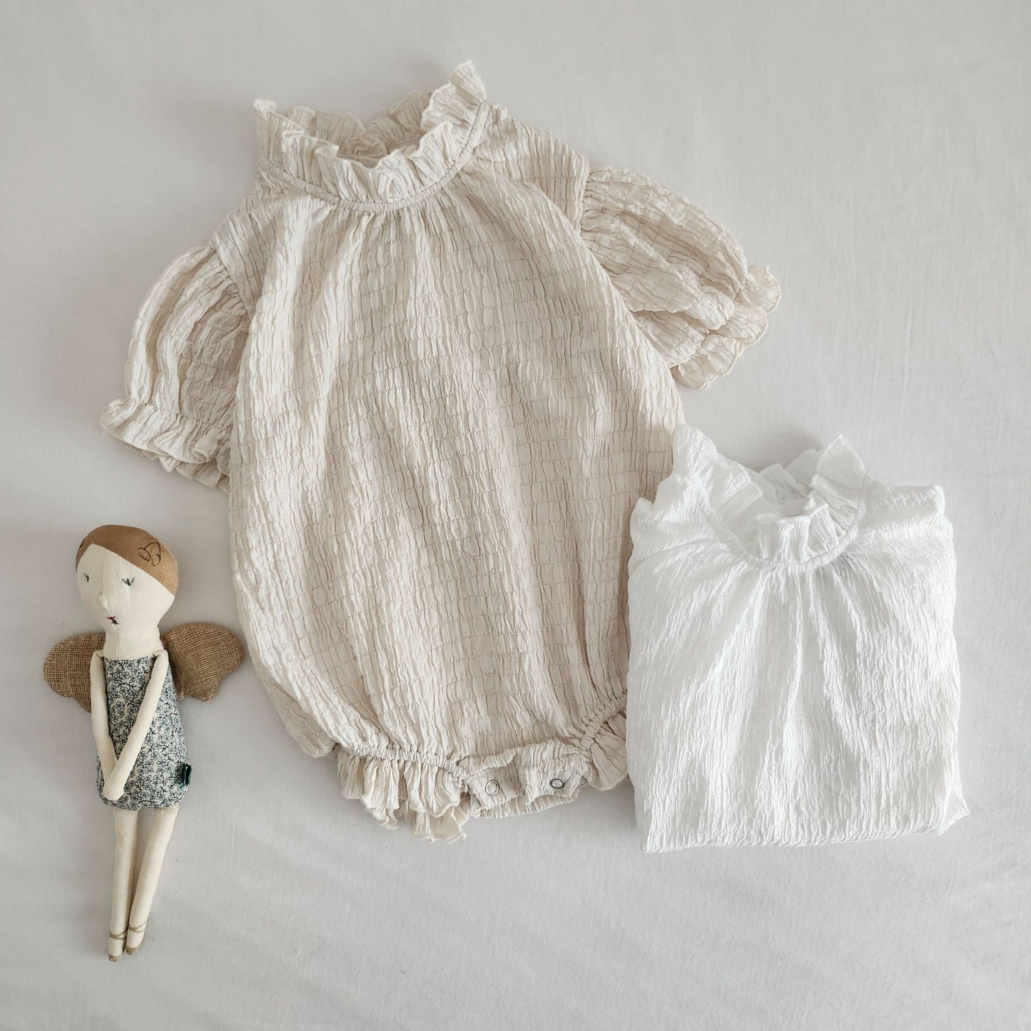 Baby Textured Short Sleeve Lettuce Edge Romper (3-6m) - Beige - AT NOON STORE