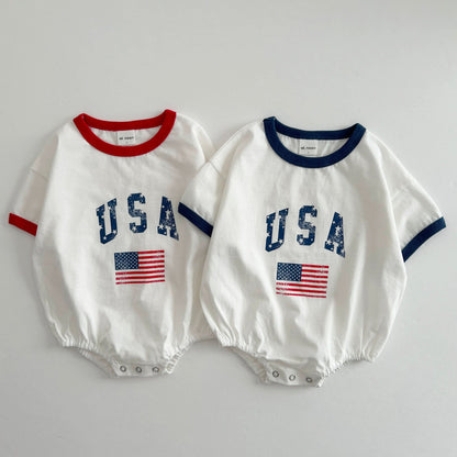 [At Noon Original Design] Baby Vintage Print USA Ringer T-shirt Romper (3-18m) - 2 Colors - AT NOON STORE
