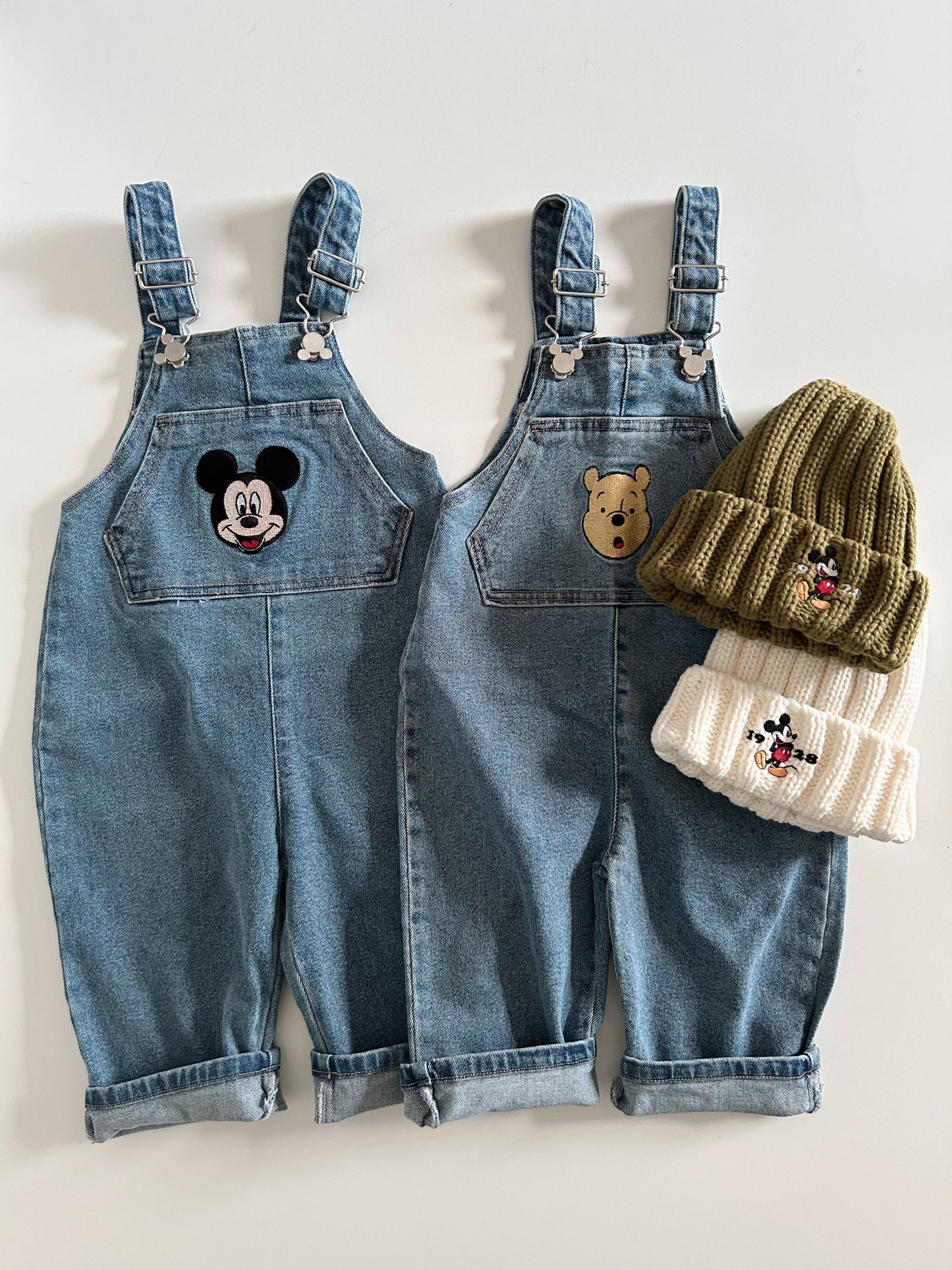 Toddler Disney Mickey and Pooh Face Embroidery Kangaroo Pocket Denim Overalls (2-7y) -2 Colors