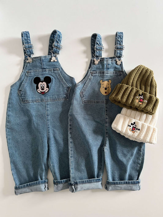 Toddler Disney Mickey and Pooh Face Embroidery Kangaroo Pocket Denim Overalls (2-7y) -2 Colors - AT NOON STORE