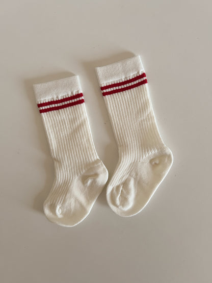 Baby Toddler Double Line Knee Socks (0-8y) - Red Line