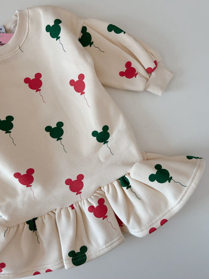 Toddler Holiday Micky Balloon Print Brushed Fabric Ruffled Hem Dress (15m-7y) -Cream - AT NOON STORE