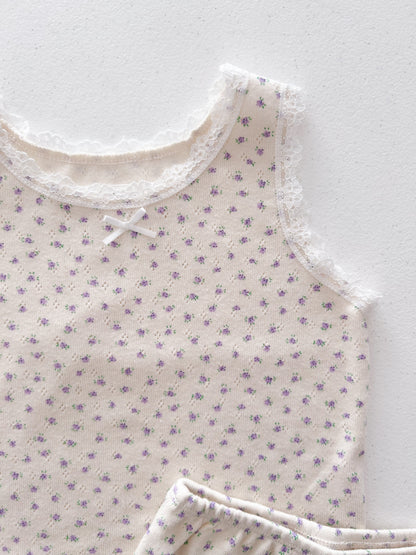 Girl SS25 Lace Trim Floral Sleeveless Top and Shorts Set (2-7y) - Purple Floral