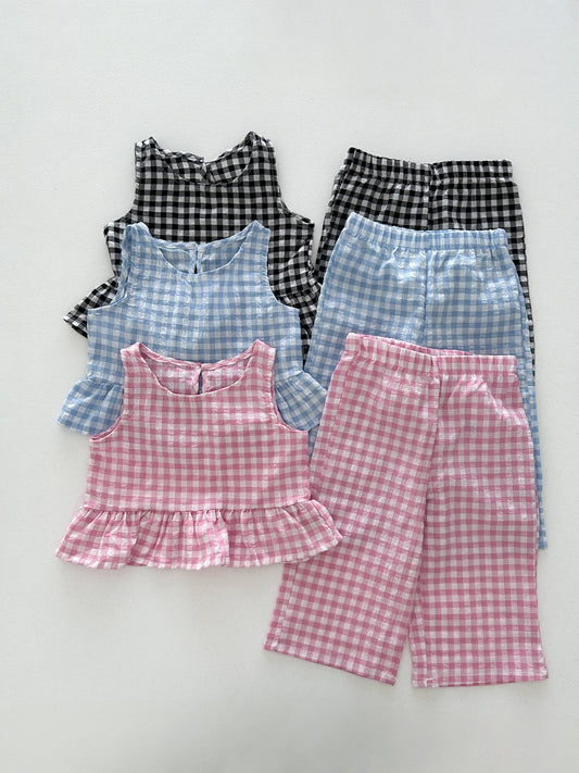 Kids Soy SS25 Gingham Sleeveless Peplum Top and Wide Pants Set (1-6y) - 3 Colors