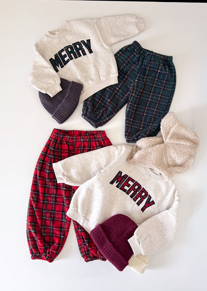 Toddler Merry Patch Embroidery Sweatshirt and Tartan Fleece Jogger Pants Set (6m-9y) - 2 Colors
