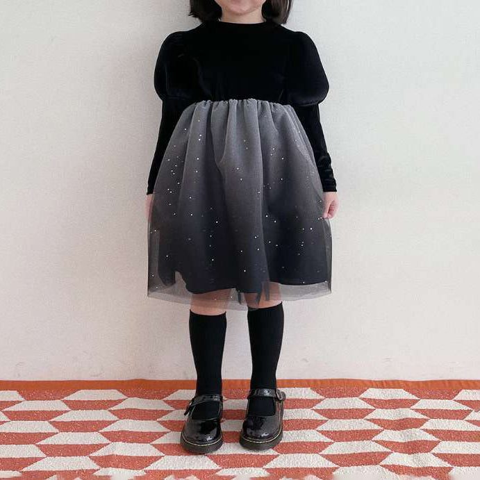 Girls Puff Sleeve Star Print Organza Dress (1-6y)- Black - AT NOON STORE