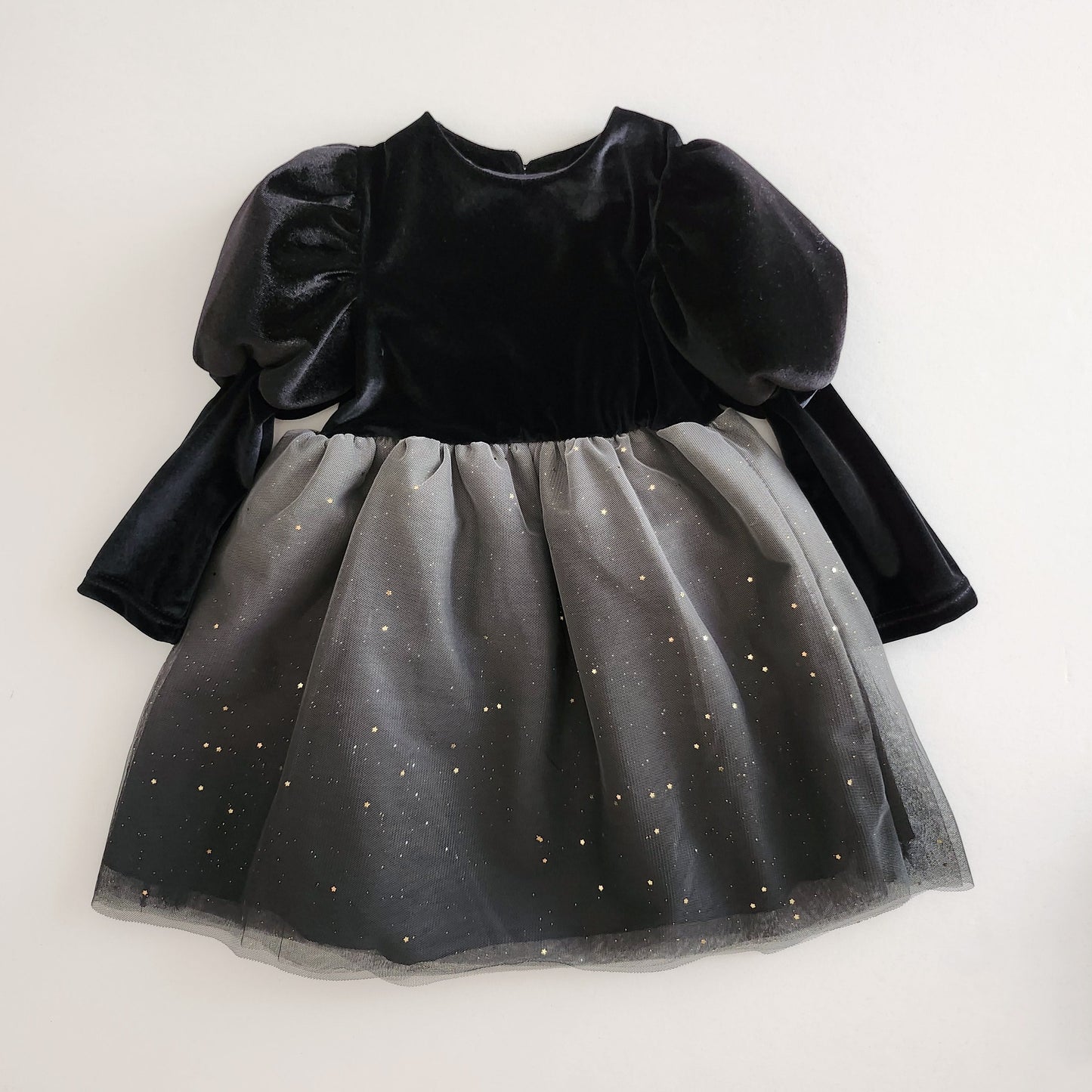 Girls Puff Sleeve Star Print Organza Dress (1-6y)- Black - AT NOON STORE