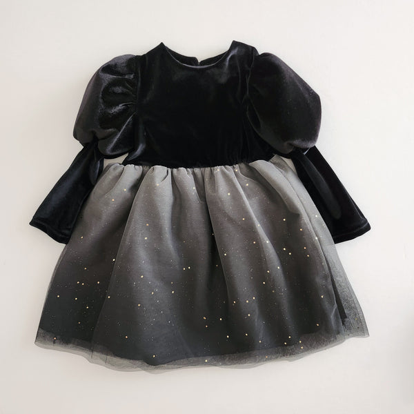 Girls Puff Sleeve Star Print Organza Dress (1-6y)- Black