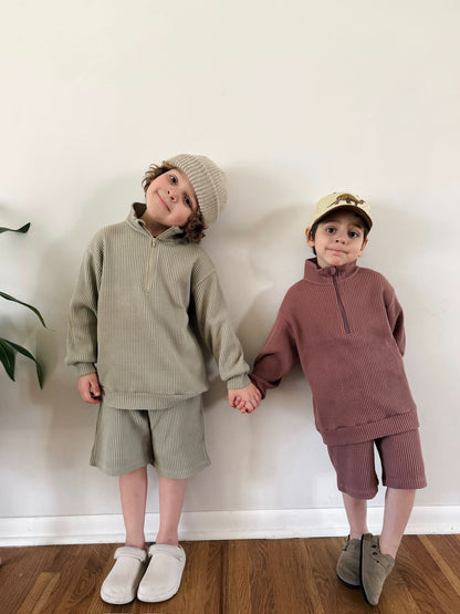 [At Noon Original Design] Kids Half-Zip Waffle Top and Shorts Set (6m-7y) - 3 Colors - AT NOON STORE