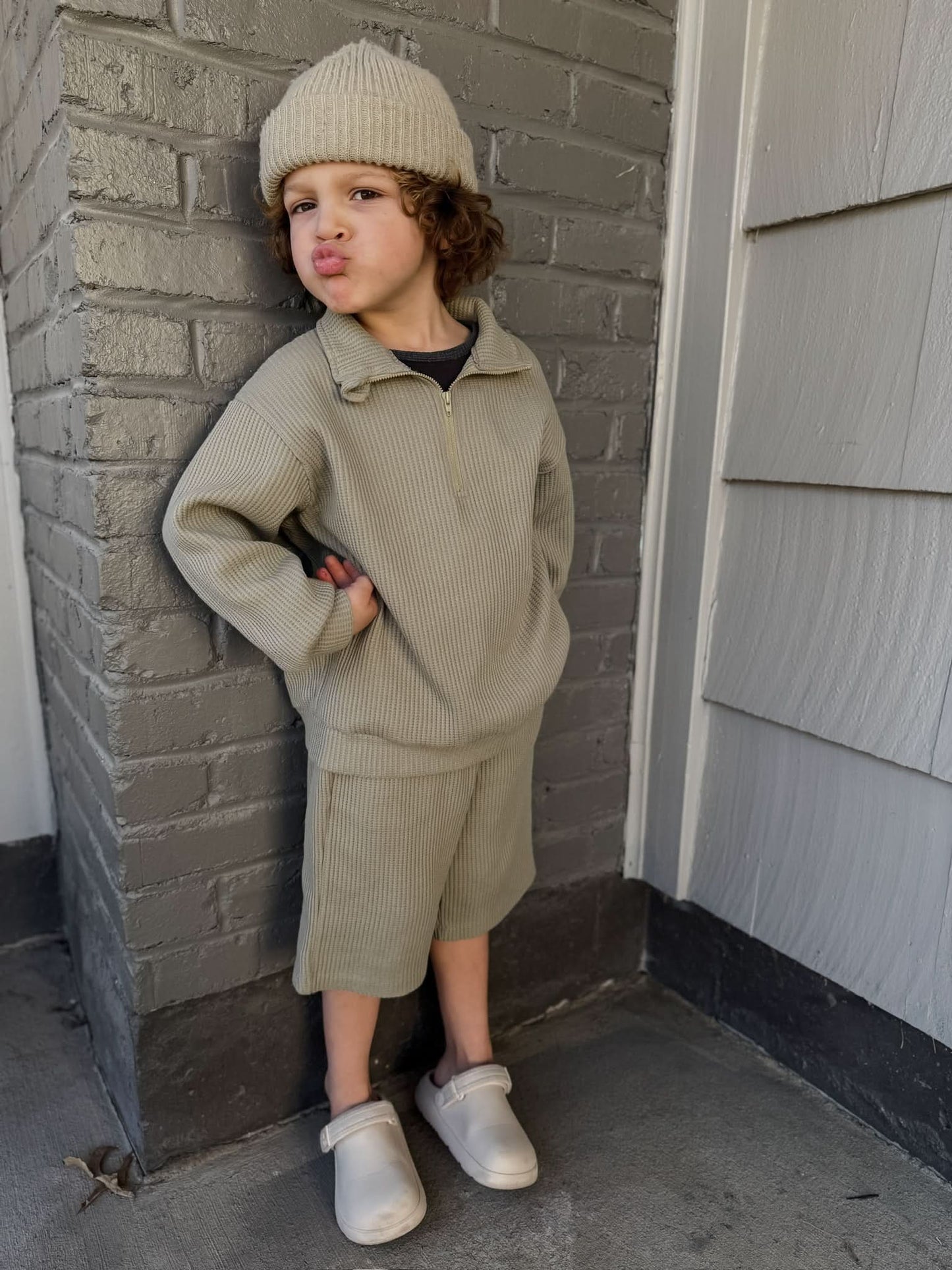 [At Noon Original Design] Kids Half-Zip Waffle Top and Shorts Set (6m-7y) - 3 Colors - AT NOON STORE