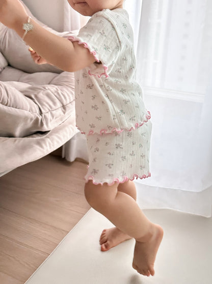 At Noon Baby/Kids Floral Pointelle Lettuce Edge T-Shirt and Shorts Set (6m-7y) - 2 Colors