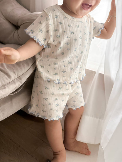 At Noon Baby/Kids Floral Pointelle Lettuce Edge T-Shirt and Shorts Set (6m-7y) - 2 Colors