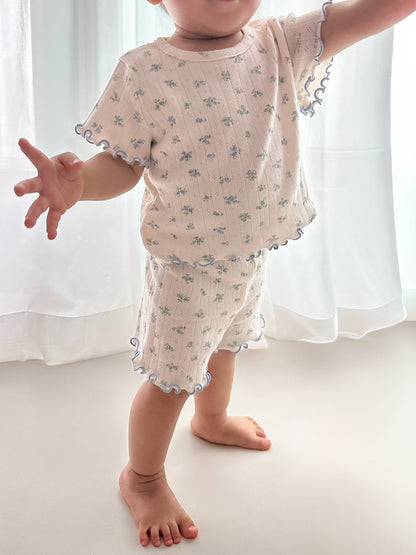 At Noon Baby/Kids Floral Pointelle Lettuce Edge T-Shirt and Shorts Set (6m-7y) - 2 Colors