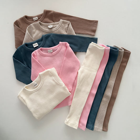 [At Noon Original Design] Kids Ribbed Long Sleeve Top and Leggings Set (6m-8y) - 5 Colors