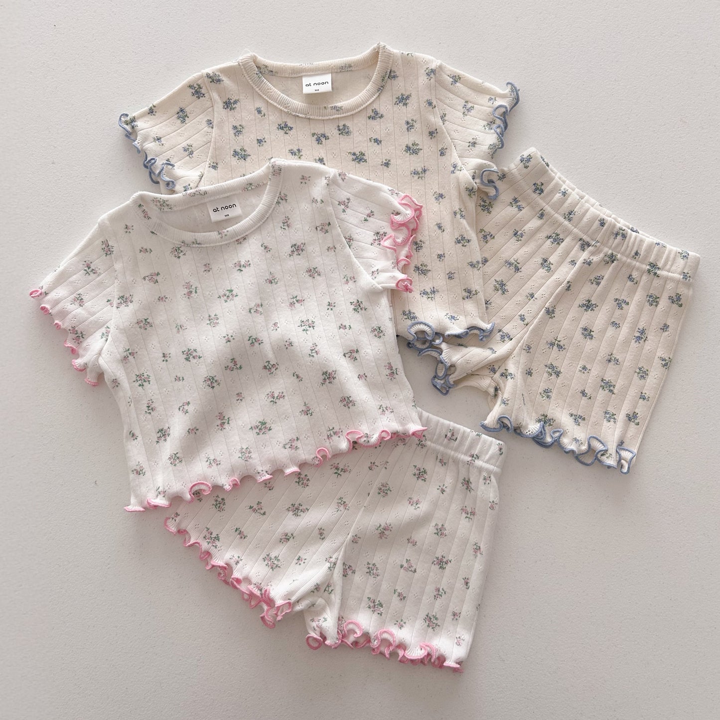 At Noon Baby/Kids Floral Pointelle Lettuce Edge T-Shirt and Shorts Set (6m-7y) - 2 Colors