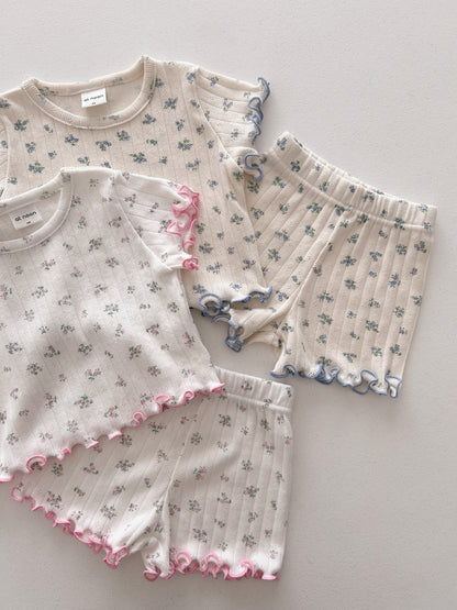 At Noon Baby/Kids Floral Pointelle Lettuce Edge T-Shirt and Shorts Set (6m-7y) - 2 Colors