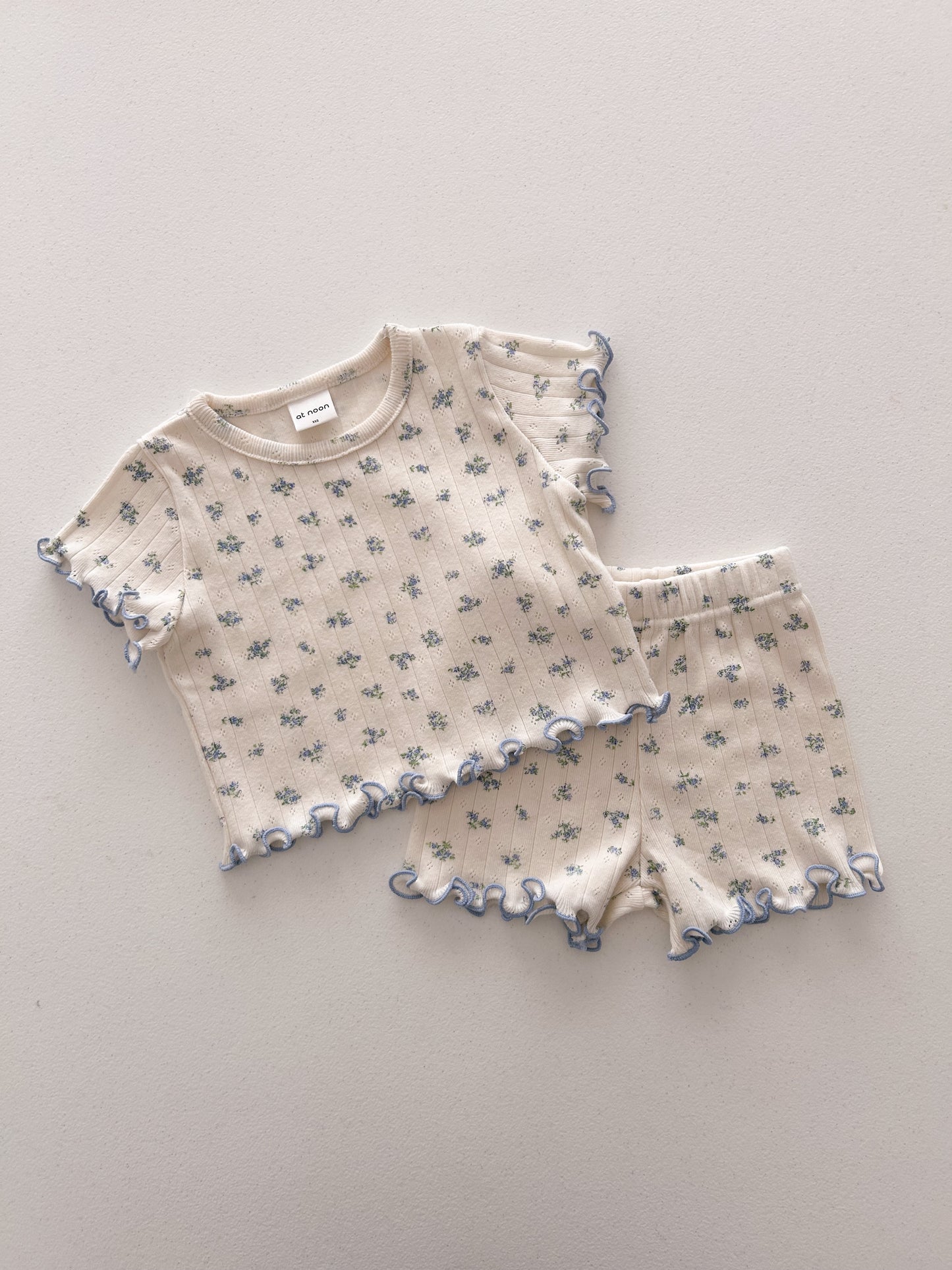 At Noon Baby/Kids Floral Pointelle Lettuce Edge T-Shirt and Shorts Set (6m-7y) - 2 Colors