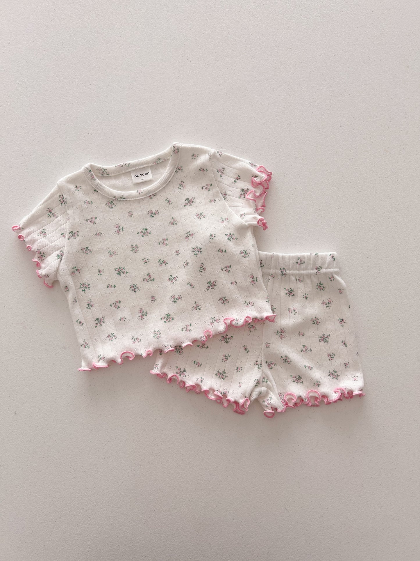 At Noon Baby/Kids Floral Pointelle Lettuce Edge T-Shirt and Shorts Set (6m-7y) - 2 Colors