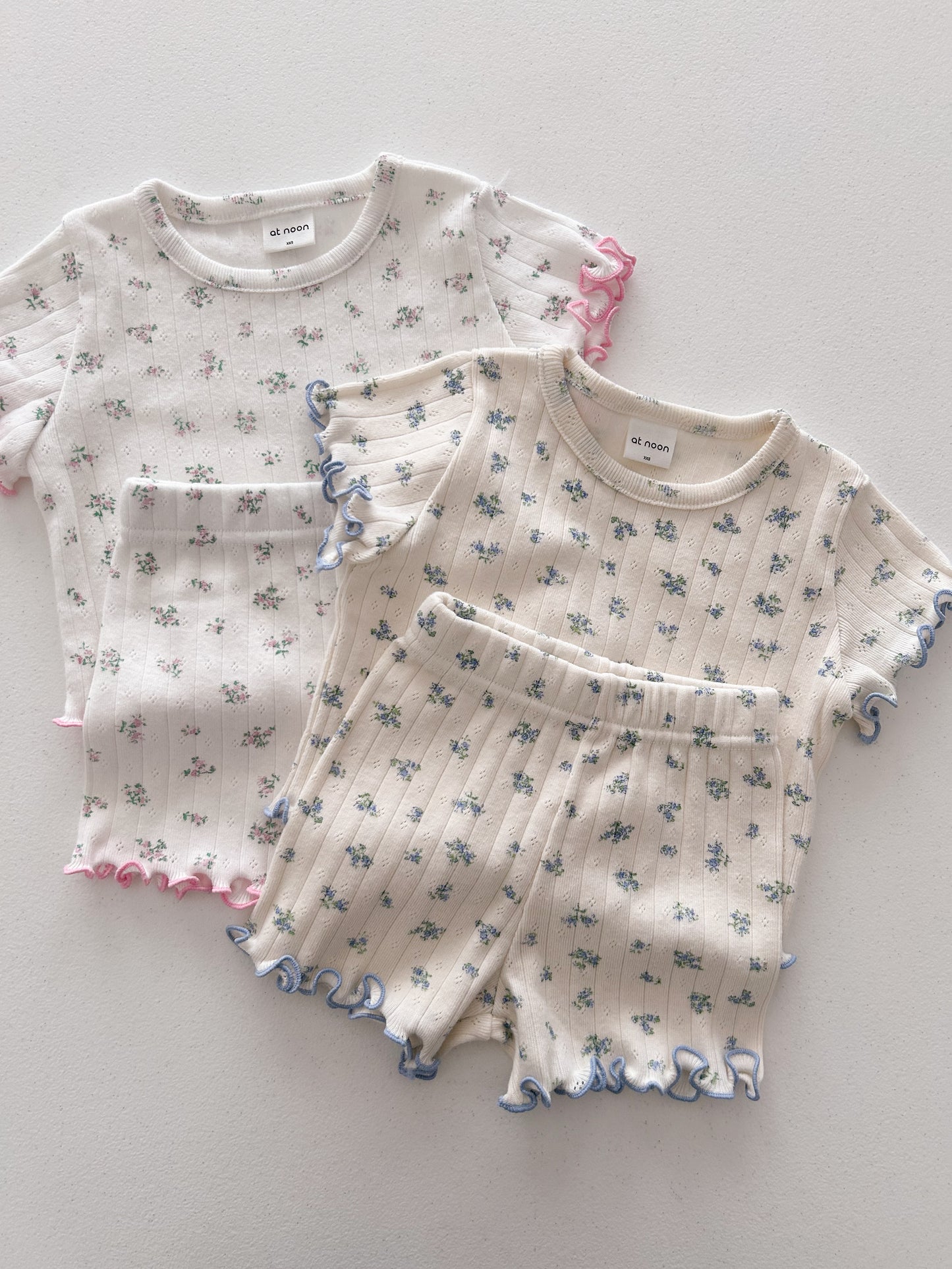 At Noon Baby/Kids Floral Pointelle Lettuce Edge T-Shirt and Shorts Set (6m-7y) - 2 Colors