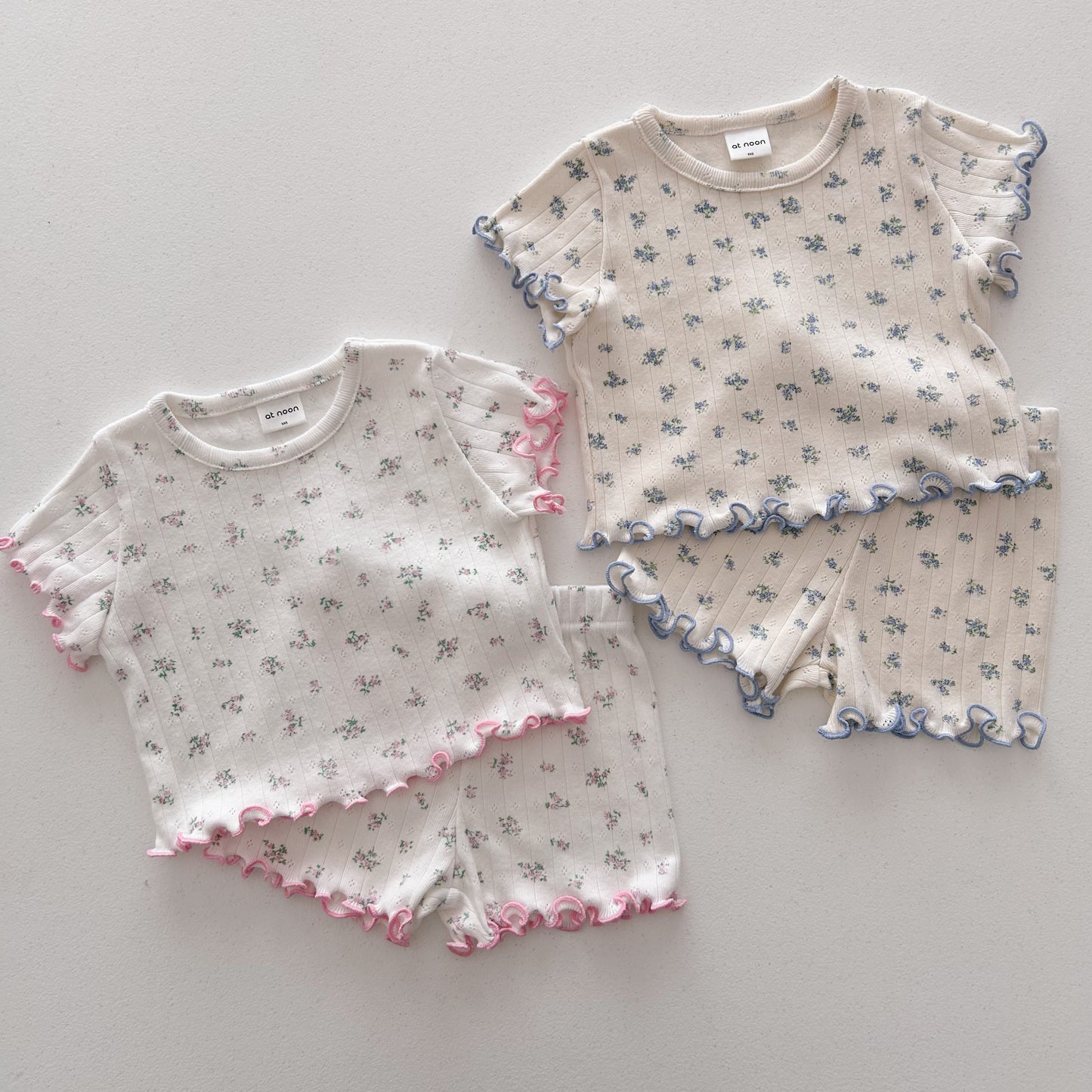 At Noon Baby/Kids Floral Pointelle Lettuce Edge T-Shirt and Shorts Set (6m-7y) - 2 Colors