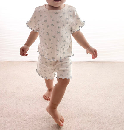 At Noon Baby/Kids Floral Pointelle Lettuce Edge T-Shirt and Shorts Set (6m-7y) - 2 Colors