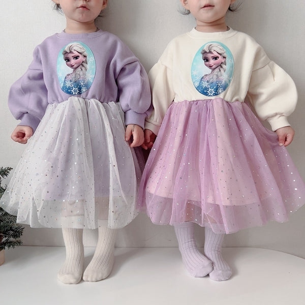 Toddler Puff Sleeve Cotton Elsa Tulle Dress (15m-7y) - 2 Colors