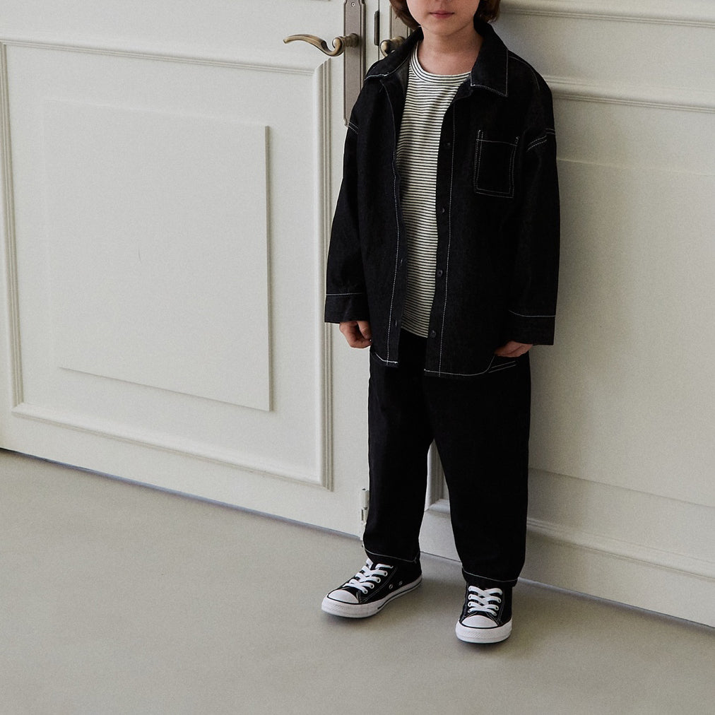 Kids Land Stitch Denim Shirt (1-6y) - Black - AT NOON STORE