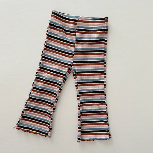 [At Noon Exclusive] Kids Cozy Ribbed Muti Stripe Lettuce-edge Flare Pants (6m-6y) - Stripe - AT NOON STORE