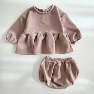 Baby Long Sleeve Ruffled Hem Top and Bloomer Shorts Set (6-18m) - Beige Pink
