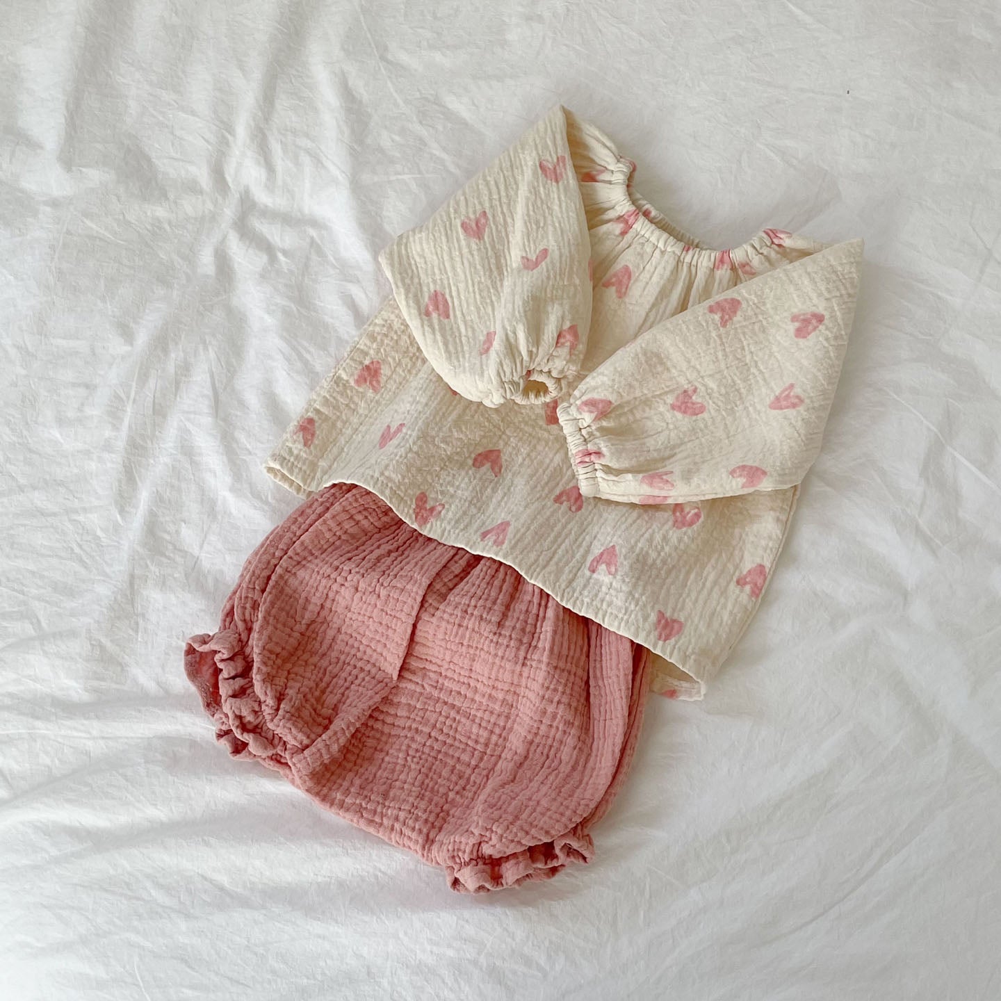 Baby Gauze Cotton Heart Print Top and Bloomer Set - Pink - AT NOON STORE